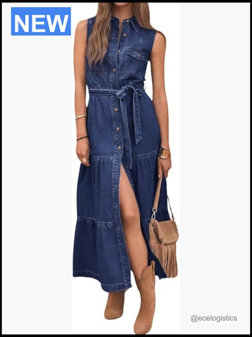 Women's Button Down Denim Shirt Dress Midi Long Sleeveless Belted A-Line